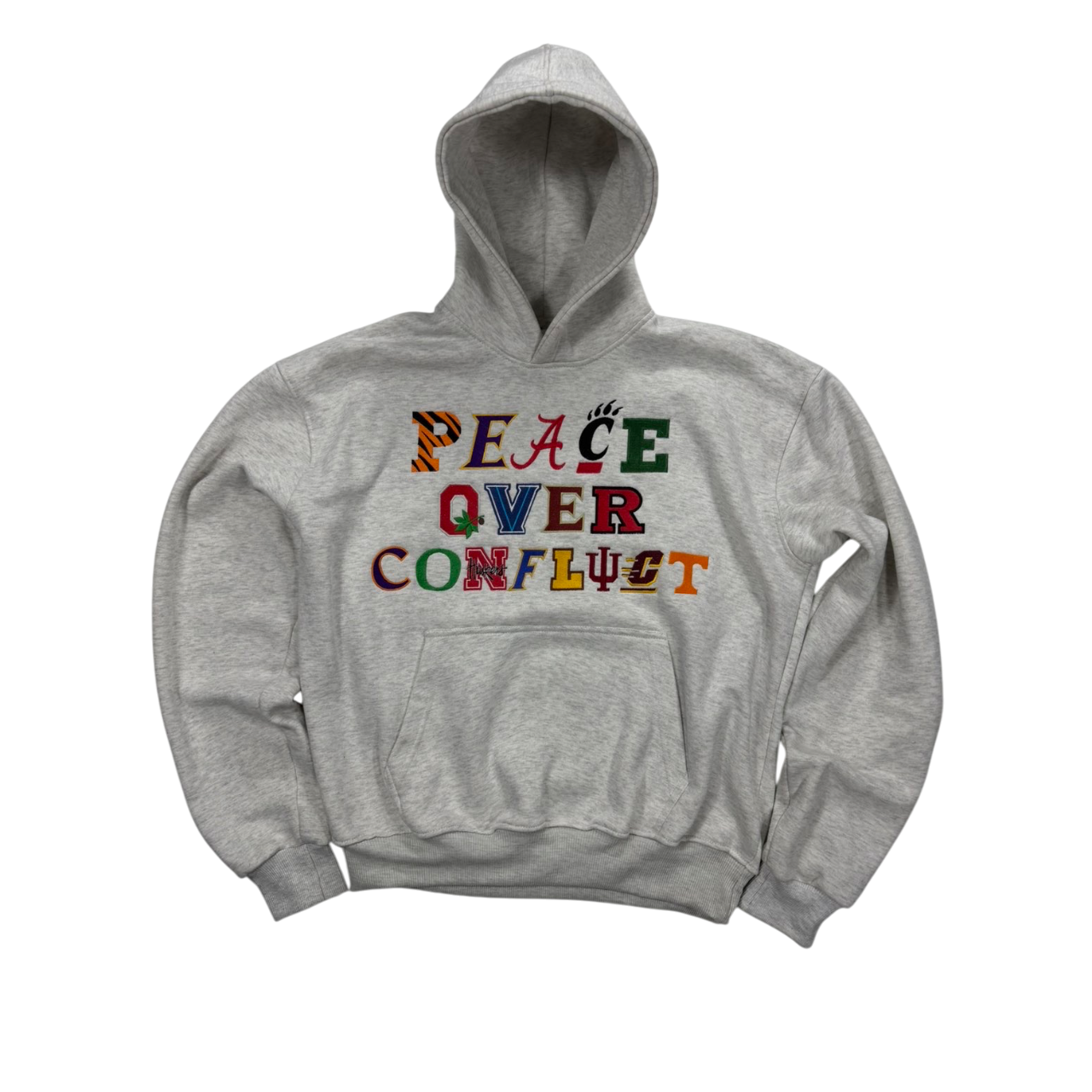 “Peace Over Conflict” Grey College Logo Hoodie