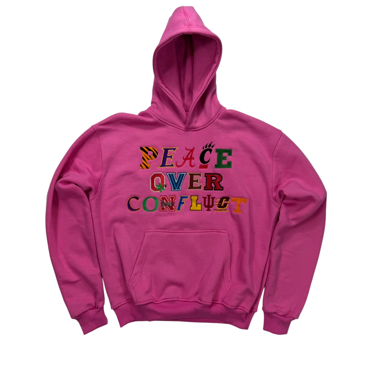 “Peace Over Conflict” Pink College Logo Hoodie